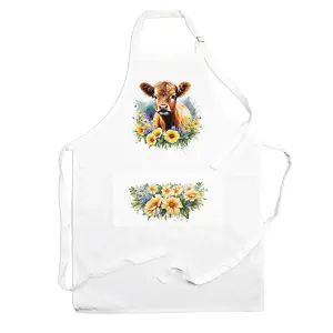 Purely Home Farm Animals & Flowers Highland Calf Apron - Floral Gifts for Her - Cooking & Baking