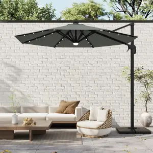 Dark Grey Garden Round Cantilever Parasol with Solar-Powered LED Lights