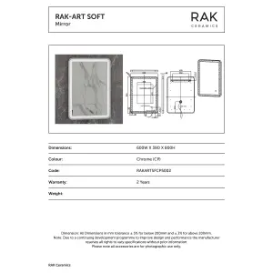 RAK Art Soft 600x800mm Chrome Square with Touch Sensor Illuminated Mirror IP44