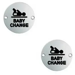 2x Bathroom Door Baby Change Sign 64mm Fixing Centres 76mm Dia Polished Steel