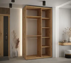 Sapporo II Sleek Oak Artisan Mirrored Sliding Door Wardrobe - Smart Storage Solution (H)2050mm (W)1400mm (D)600mm