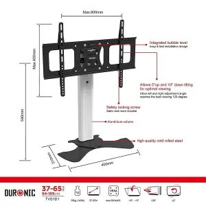 Duronic TVS1D1 TV Stand and Tilting Monitor Bracket, Standing Desktop Mount with VESA 600x400 for Flat Screen Television 37-65"