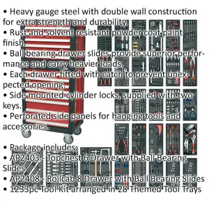 Heavy Duty 14 Drawer Tool Chest and Rollcab Bundle - 1233 Piece Professional Tool Set