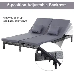 Outsunny 2 Person Rattan Lounger Adjustable Double Chaise Chair w/ Cushion Grey