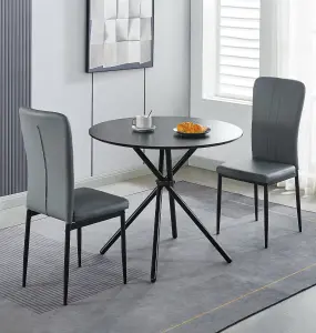 Hallowood Furniture Cullompton Small Black Round Dining Table 90cm with 2 Light Grey Faux Leather Chairs