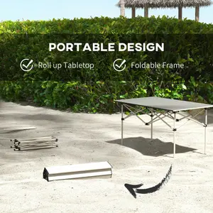 Outsunny Portable Folding Camping Table w/ Roll Up Aluminium Top Carry Bag Khaki