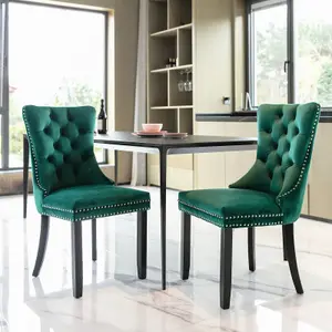 Set of 4 Lux Green Velvet Kitchen Dining Chairs with Pull Knocker Wing Back Bedroom Office Chairs