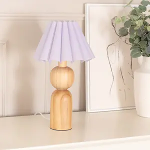 ValueLights Azalea Rustic Wooden Table Lamp with Lilac Fabric Scallop Tapered Shade and LED Bulb