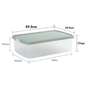 Wham Clip 2x 30L Rectangular Plastic Storage Boxes with Secure Clip Lock Lids.L:59.5 x W:39.5 x H:17cm Clear/Green Milieu/Stone