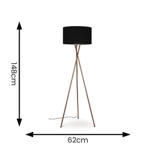 ValueLights Camden Modern Copper Metal Tripod Floor Lamp with Black Cylinder Shade - Includes 6w LED Bulb 3000K Warm White