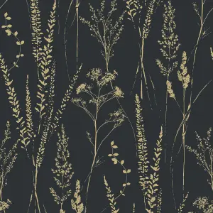 Grandeco Halm Grass & Flower Sprigs Blown Vinyl Wallpaper, Black Gold