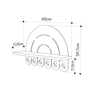 Decortie Modern Rainbow Metal Wall-Mounted White Coat Hanger Rainbow Shape with 6 Hooks and Shelf 60(W)x13.80(D)x39.7(H)cm