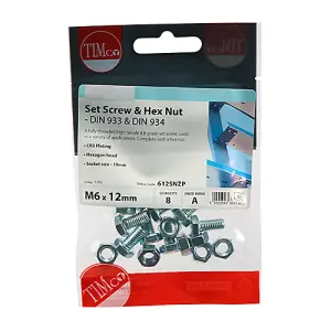 Timco - Set Screws & Hex Nuts - Grade 8.8 - Zinc (Size M6 x 12 - 8 Pieces)