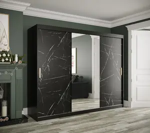 Elegant Black Geneva T1 Sliding Door Wardrobe W2500mm H2000mm D620mm - Spacious Design, Gold Handles, Mirrored Door