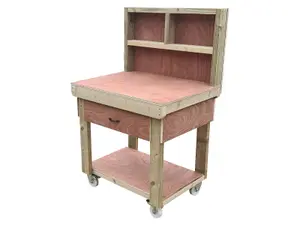 Wooden Eucalyptus hardwood top workbench, tool cabinet with drawer (V.1) (H-90cm, D-70cm, L-90cm) with back and wheels