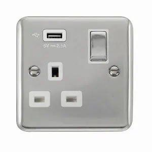 Curved Polished Chrome 1 Gang 13A DP Ingot 1 USB Switched Plug Socket - White Trim - SE Home