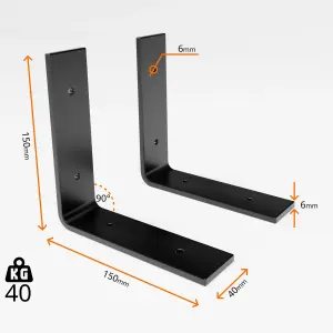 2 Shelf Brackets Pcs Heavy Duty Industrial Steel for Wall Mounted DIY Floating(Black, 150x150mm)