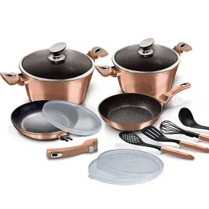 BERLINGER HAUS 13Pcs Aluminum Non Stick Cookware Pot Pan Set Detachable Handle Rose Gold