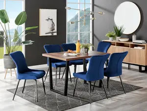 Furniturebox Kylo Brown Rectangular Wood Effect Dining Table & 6 Blue Velvet Nora Black Leg Chairs