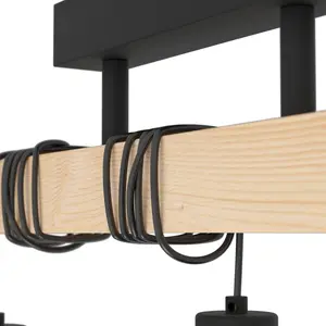 EGLO Townshend 5 Black/Natural Wood 3-Light Ceiling Pendant, Semi-Flush Industrial Style (L) 55cm