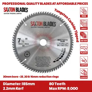 Saxton TCT18580TTCG TCT Circular Saw Blade 185mm x 80T x 30mm Bore + 16, 20, 25mm Ring Aluminium Laminate Hardwood