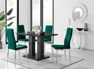 Furniturebox Imperia 4 Modern Black High Gloss Dining Table and 4 Green Velvet Milan Chairs