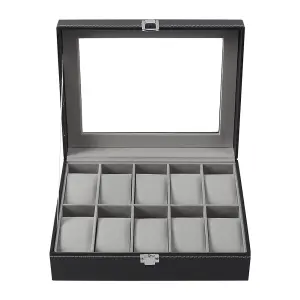 Black Faux Leather Watch Case with Transparent Cover 10-Slot Organizer