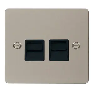 Flat Plate Pearl Nickel Secondary Telephone Twin Socket - Black Trim - SE Home