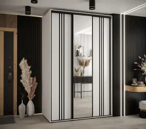 Elegant White Cannes VII Sliding Wardrobe H2050mm W1500mm D600mm with Customisable Black Steel Handles