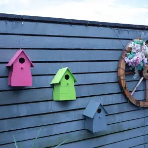 Set of 3 Colourful Wooden Bird Houses - Wall Fence Mountable or Hanging Outdoor Garden Wild Bird Nesting Box with 30mm Hole