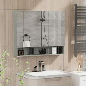 kleankin Bathroom Cabinet Wall Mounted Mirror Storage Adjustable Shelves Grey