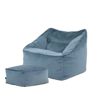 icon Natalia Velvet Armchair Bean Bag and Footstool Set Mineral Blue Giant Bean Bag Chair