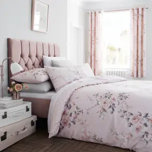 Catherine Lansfield Bedroom Canterbury Floral Quilted 220x230cm Bedspread Blush Pink