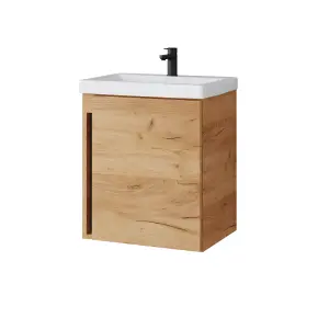 Bathroom Vanity Unit and Basin 500 Cloakroom Sink Wall Cabinet Oak Finish Avir