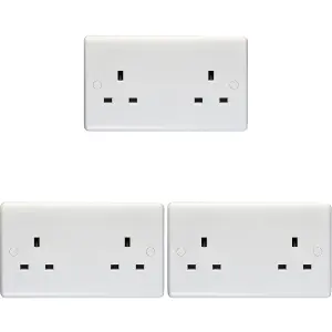 3 PACK 2 Gang Double 13A Unswitched UK Plug Socket - WHITE Wall Power Outlet