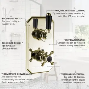 ENKI Regent English Gold Black Traditional Crosshead Single Outlet Brass Thermostatic Twin Shower Valve TSV039