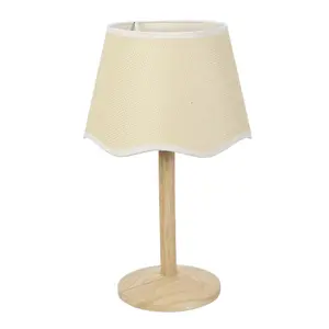 ValueLights Triston Natural Light Wood Stem Table Lamp with Scallop White Trim Tapered Lamp Shade and LED Bulb