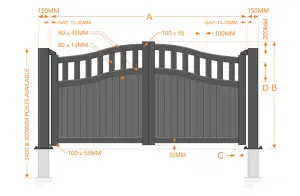 Double Swing Gate 4000x2000mm Grey - Vertical Solid Infill and Bell-Curved Top Full Privacy Driveway Gate