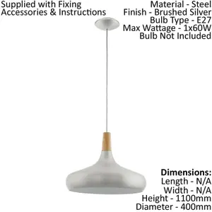 Pendant Ceiling Light Colour Brushed Silver Shade Brown Wood Bulb E27 1x60W