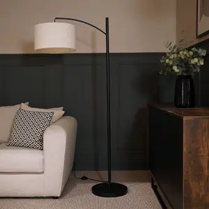 ValueLights Preto Black Metal Curve Stem Living Room Floor Lamp with a Cream Boucle Shade - Bulb Included