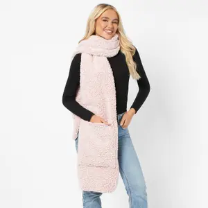 Teddy Fleece Scarf Long Thermal Soft Pockets Hand Neck Warmer Marl, Blush