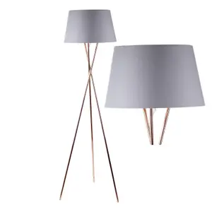 First Choice Lighting Copper Tripod Floor Lamp with Grey Fabric Shade