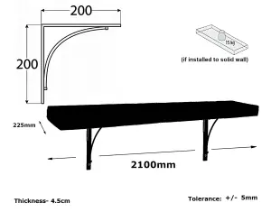 Solid Wood Handmade Rustical Shelf Primed 225mm 9 inch with Black Metal Bracket BOW Length of 210cm