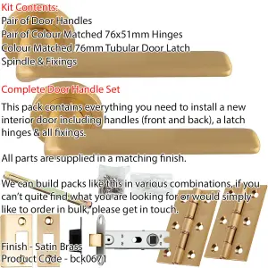 Door Handle & Latch Pack - Satin Brass - Slim Rounded Lever On Round Rose