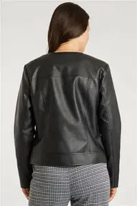 Bonmarche Black Faux Leather Collarless Jacket, Size: 18