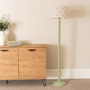 ValueLights Bobbins Sage Green Floor Lamp with Lemon Embroidered Drum Shade and LED Bulb