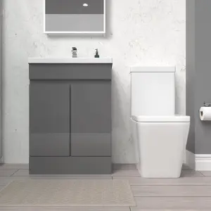 Nes Home Steel Grey 600mm Freestanding Basin Vanity Unit & Close Coupled Toilet