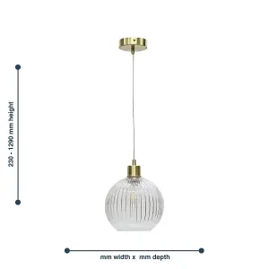 First Choice Lighting Betchley Clear Ribbed Glass Globe with Satin Brass Pendant Fitting