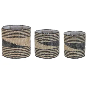 Set of 3 Plant Pots RATTAIL Wicker Light Wood-Black