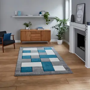 Grey Blue Modern Easy to Clean Bordered Chequered Geometric Rug For Dining Room-120cm X 170cm